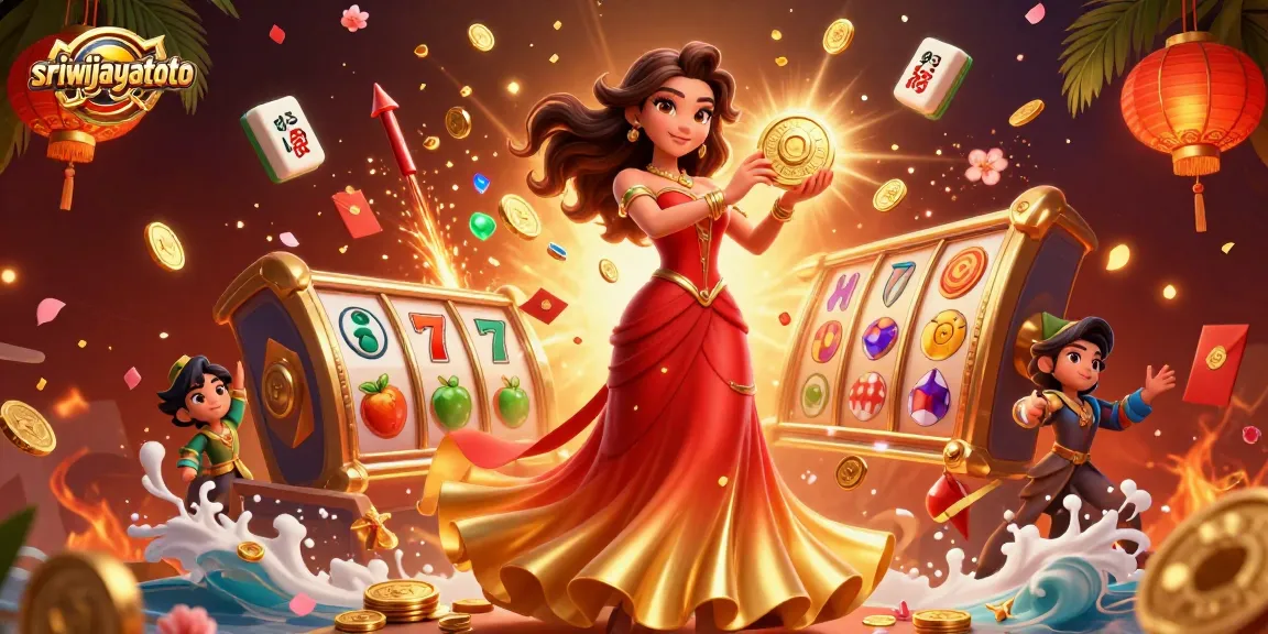 Sriwijayatoto captures thrilling moments with a stunning Asian character amidst lively slot symbols and golden coins.