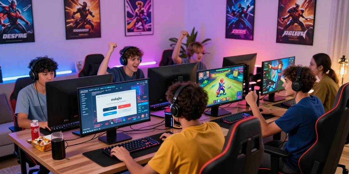 Celebrating mahajitu gaming experience with dynamic players and vibrant setup.