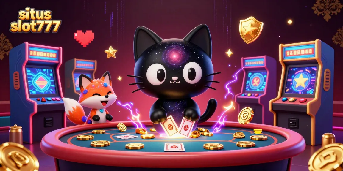 Engage with situs slot777's vibrant casino scene, featuring a captivating black hole cat and colorful gaming elements.