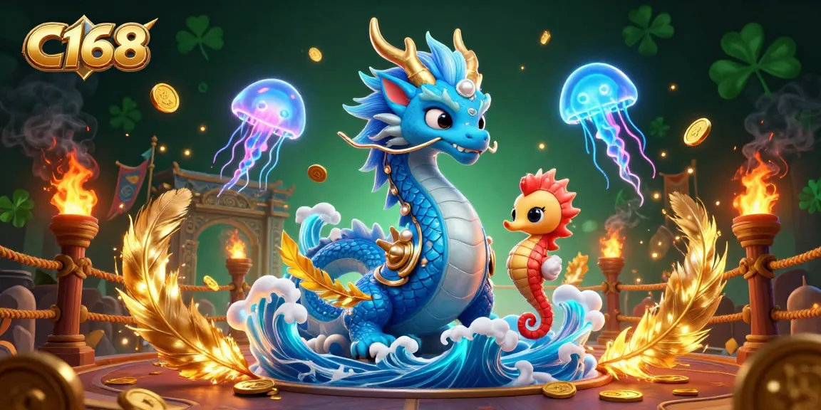 Experience thrill with C168's vibrant 3D casino scene showcasing dragon, knight, and jellyfish.