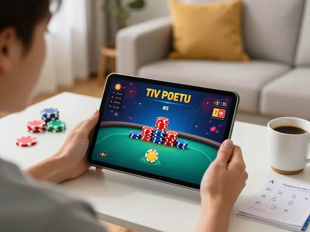 Jilipinas player enjoying an online poker game with winning hand displayed on the tablet.