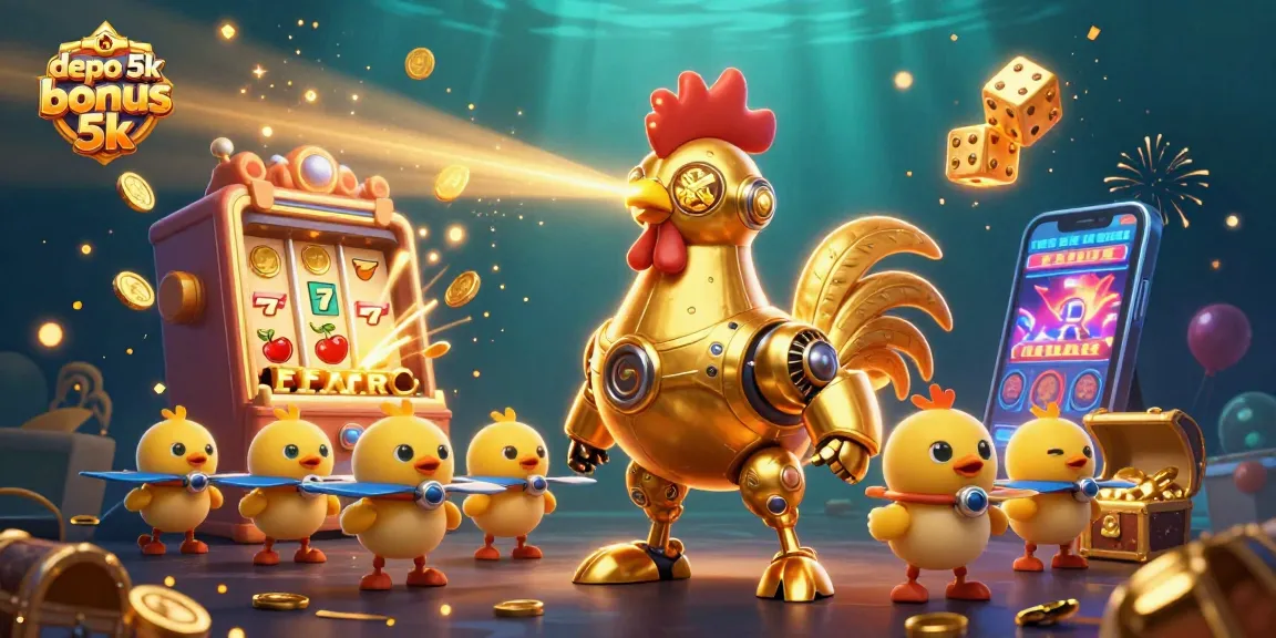 Join the fun with depo 5k bonus 5k as a robot challenges luck in a vibrant casino scene.