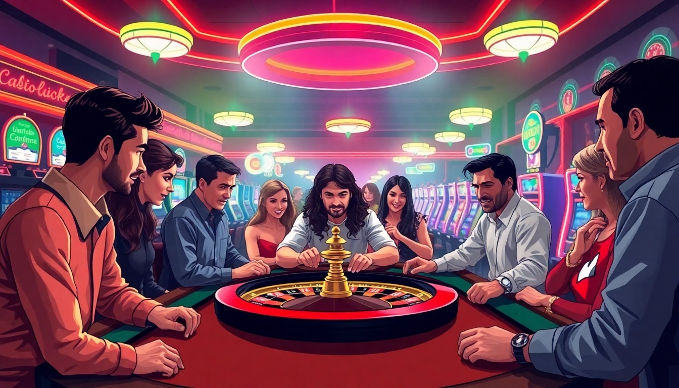 Spieler genießen casinospielen in einem lebhaften Casino mit Roulette und Spielautomaten.