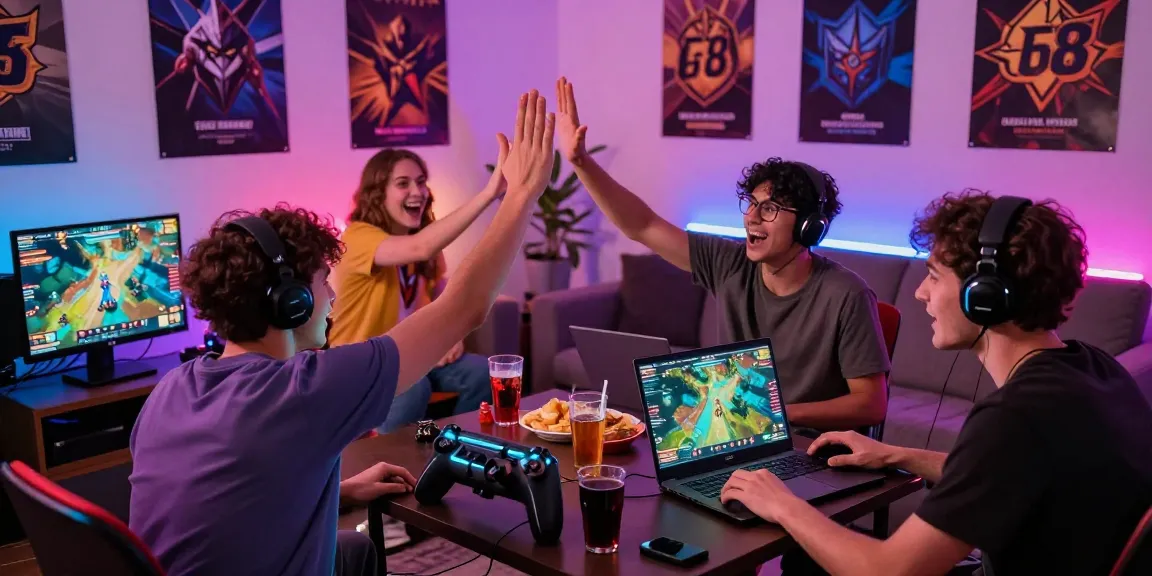 Exciting game bài 68 scene with friends celebrating a win, showcasing a lively home atmosphere.