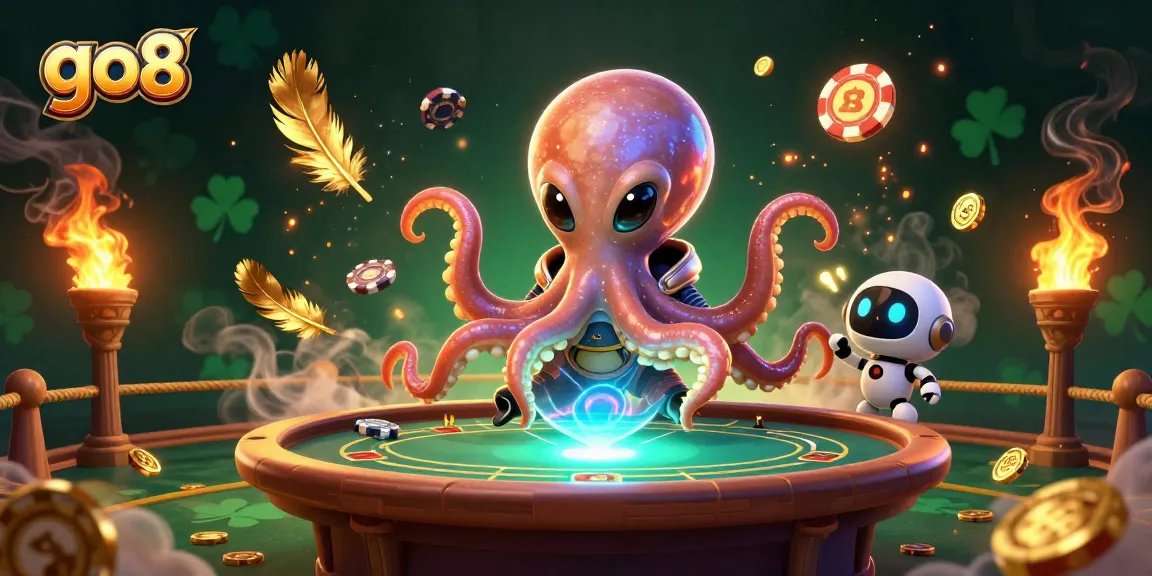 Engage with the vibrant go8 casino world featuring an alien octopus at a poker table, shimmering with excitement.