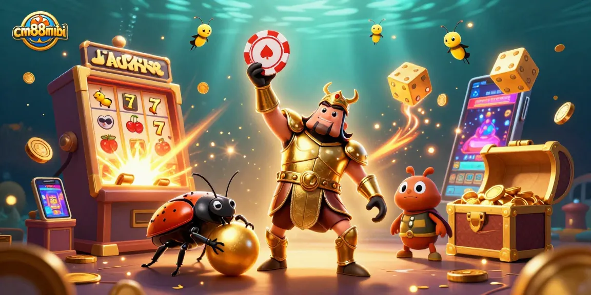 Experience the thrill of cm88mobi with a lively 3D illustration featuring a victorious beetle lifting a poker chip amidst vibrant casino dynamics.