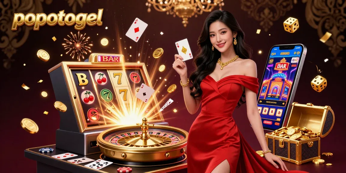 Experience the excitement of Popotogel with a glamorous woman near a roulette wheel and dynamic casino elements.