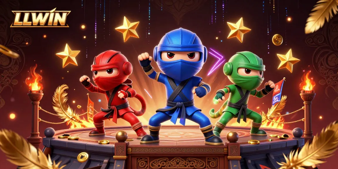 LLWIN's ninja chameleon team performs martial arts in a vibrant, dynamic casino setting with golden coins and tokens.
