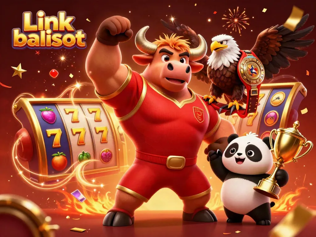 Engaging illustration showcasing Link balislot with a victorious bull, eagle, and panda around vibrant slot elements.