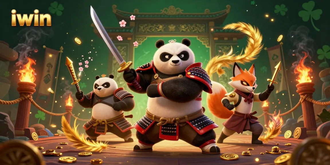 Win big with iwin in this vibrant 3D casino-themed illustration featuring a samurai panda!