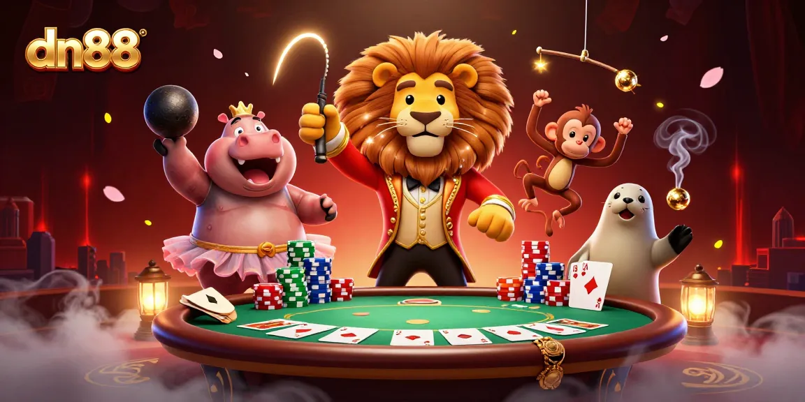 Experience the thrill of dn88 with an energetic 3D illustration of lively casino characters and poker scenes.