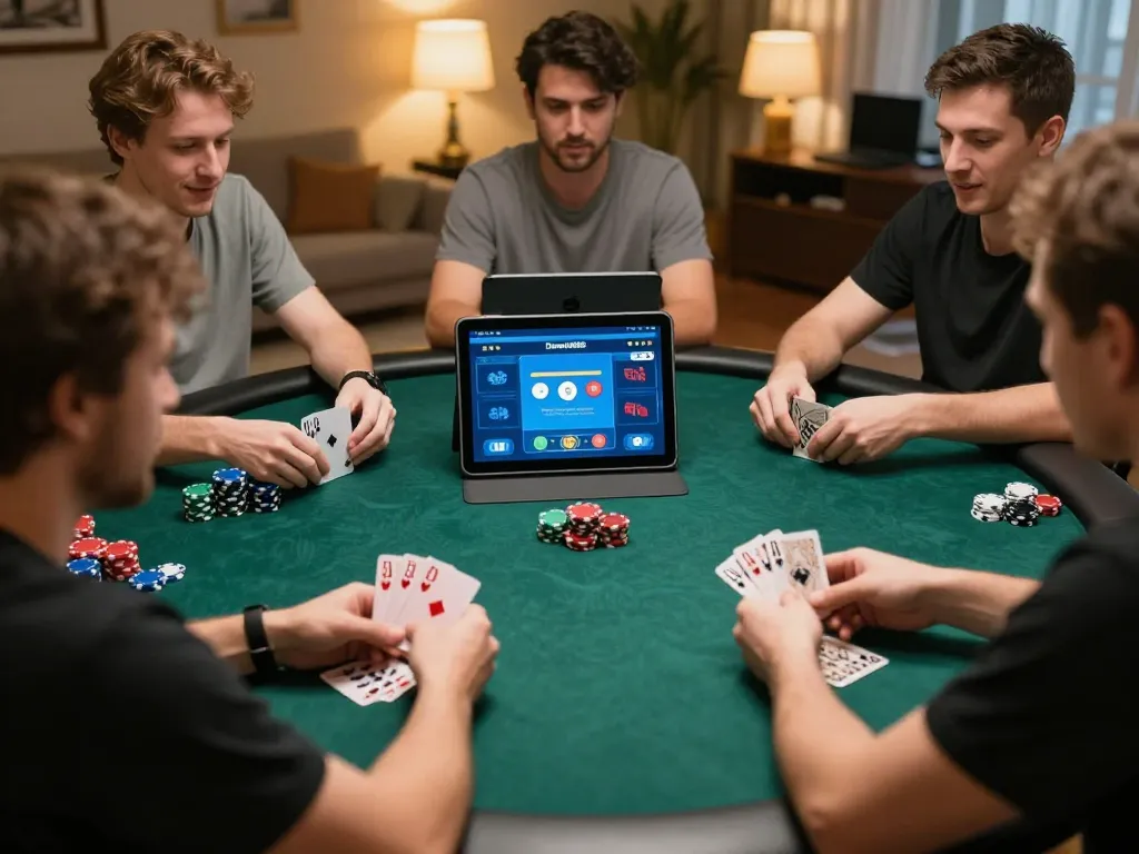 Players enjoying a dynamic poker game on Domino88 platform in a cozy home setting.