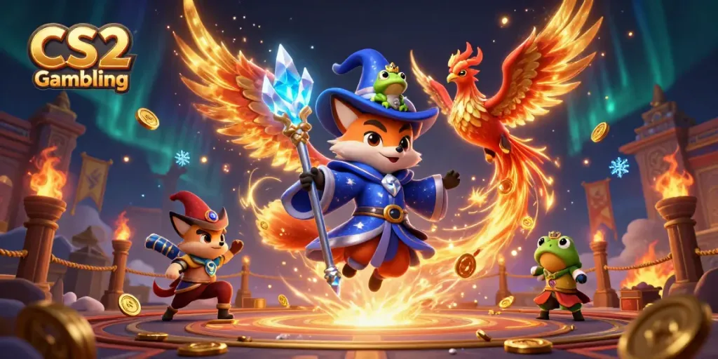Engage in CS2 Gambling with a mystical wizard fox and phoenix amidst a vibrant, dynamic scene.