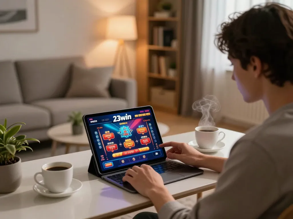 Person engaging with 23win casino app on tablet at home gaming setup, conveying excitement of online gambling.