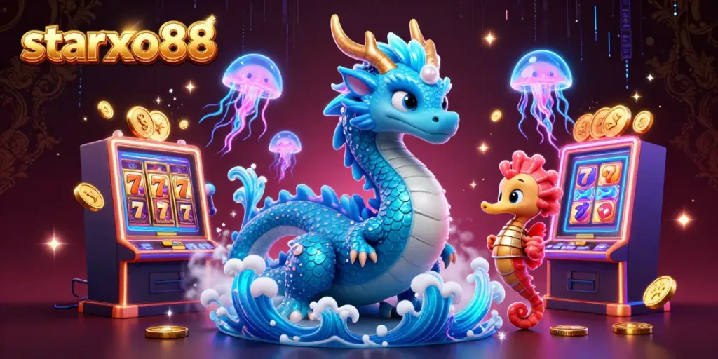Experience the thrill of starxo88 gaming with a vibrant scene featuring a magical dragon and seahorse in a dazzling casino.