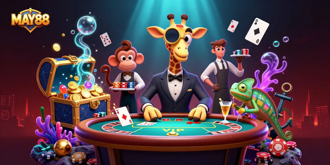 MAY88 presents an exciting 3D scene with a high-roller giraffe, poker table, and gaming elements for ultimate casino fun.