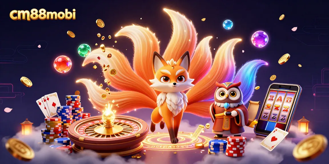 Engage with cm88mobi's vibrant casino atmosphere, featuring a luminous nine-tailed fox and golden gaming elements.