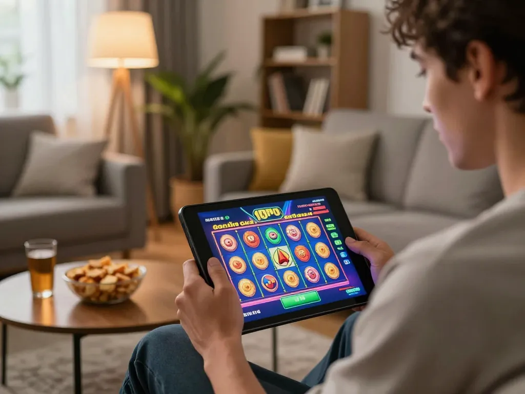 LIGA2000 player actively engaging with colorful slot games on tablet, cozy home atmosphere.