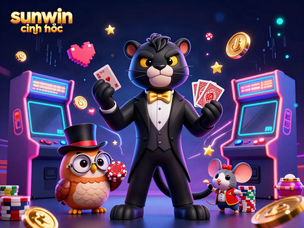 Engage with sunwin chính thức as a stylish panther deals cards in a vibrant casino scene.