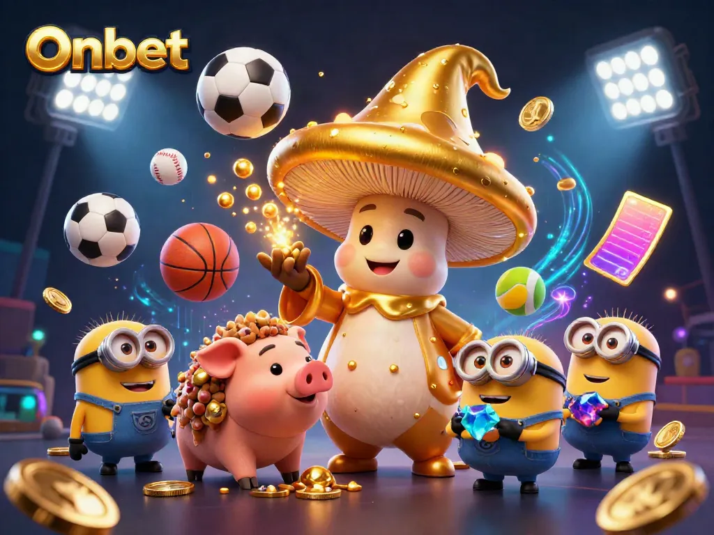 Join the excitement at Onbet with a magical scene of a golden mushroom wizard and treasure-hunting pig in a lively casino.