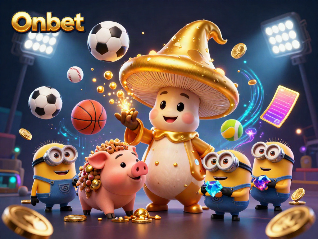 Join the excitement at Onbet with a magical scene of a golden mushroom wizard and treasure-hunting pig in a lively casino.