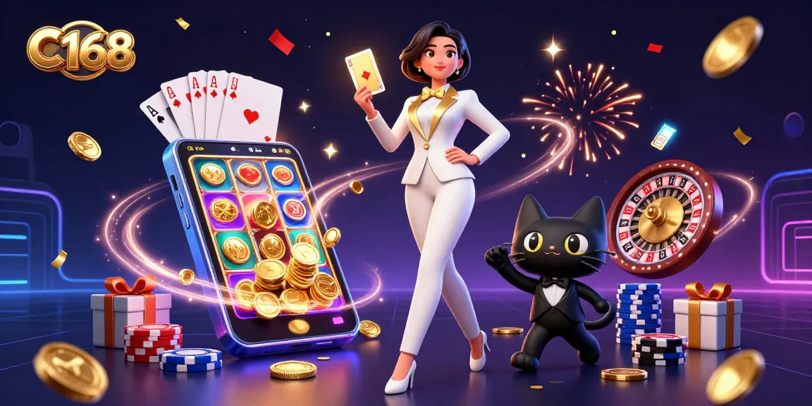 C168 offers thrilling gameplay with a glamorous dealer surrounded by vibrant casino elements in a festive atmosphere.