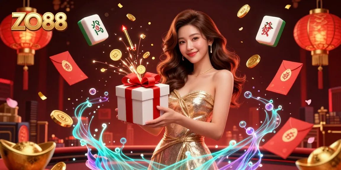 Engage with ZO88's vibrant casino experience featuring a welcoming figure surrounded by golden coins and festive decor.