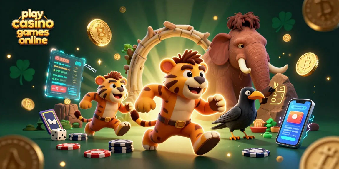 Play casino games online with a vibrant 3D illustration of a prehistoric casino scene.