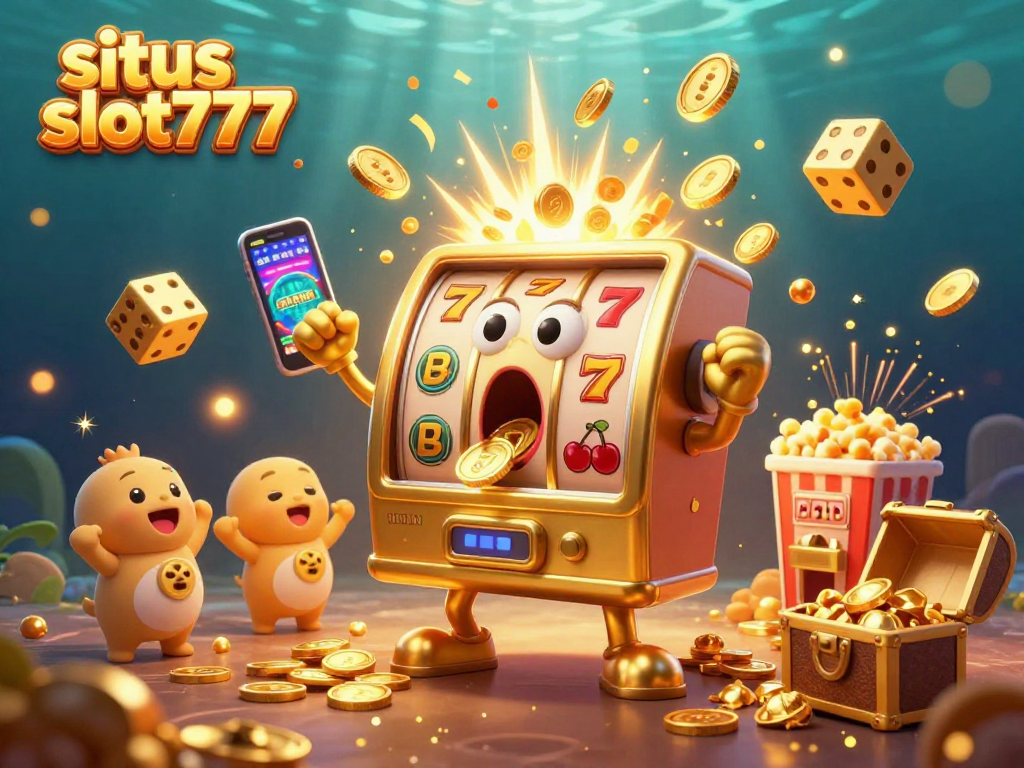 Engage with situs slot777 as a golden slot machine hits the jackpot, showcasing excitement with coins bursting out.