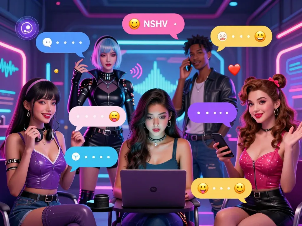 Engaging avatars in a lively NSFW chat showcasing diverse personalities and styles in a vibrant digital environment.