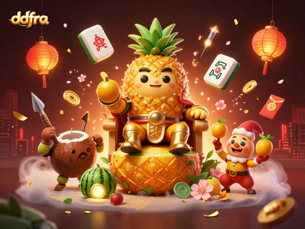 Engage with ddfra through a vibrant 3D casino scene featuring a golden pineapple king and festive elements.