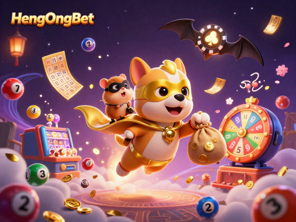 Engage with exciting games and winnings at HengOngBet, featuring a dynamic casino-themed illustration.