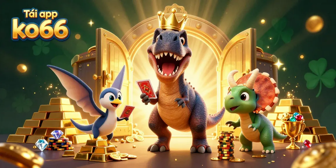 Tải app ko66 with a friendly dinosaur and treasure elements creating an exciting casino atmosphere