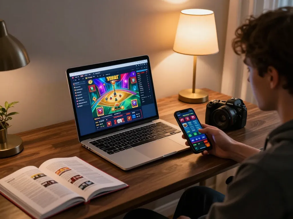 CasinoAtlas player enjoying online gaming with laptop setup, engaging in strategic gameplay experience