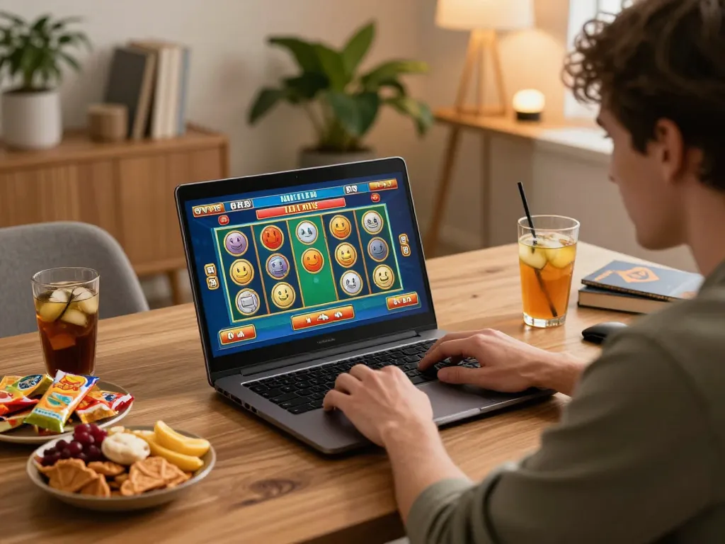 Player enjoying a thrilling round of slot mahjong in a cozy online gaming setup with snacks.