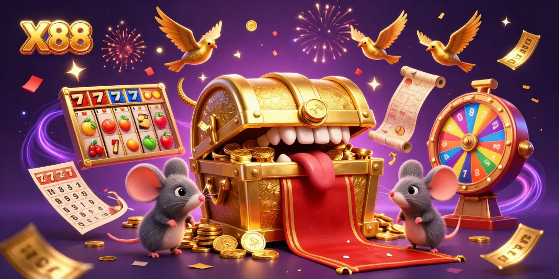 X88 players aim for jackpots and riches in this vibrant casino-themed illustration.