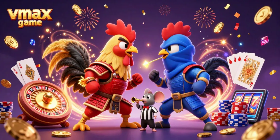 Experience the thrilling vmax game with dynamic scenes of rooster battles, golden coins, and roulette.