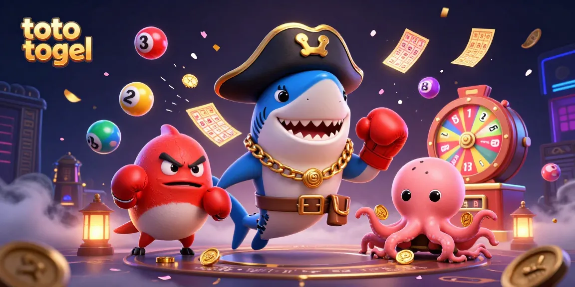 Engage in thrilling toto togel lottery action with animated characters, lottery balls, and vibrant gaming elements.
