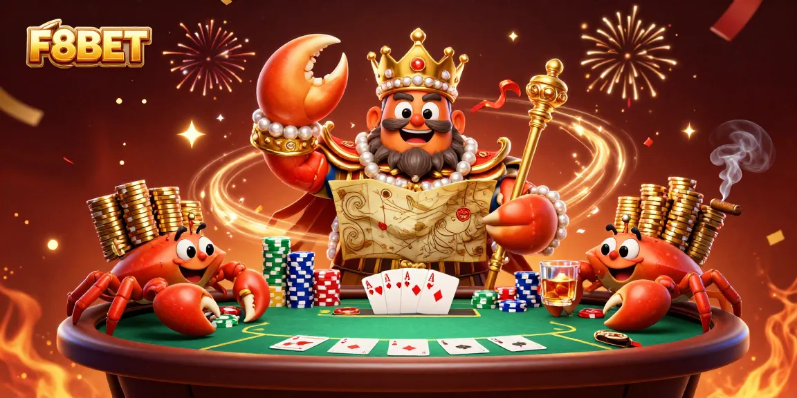 Experience the thrill of F8BET with a vibrant scene featuring a golden crab emperor amidst poker action.