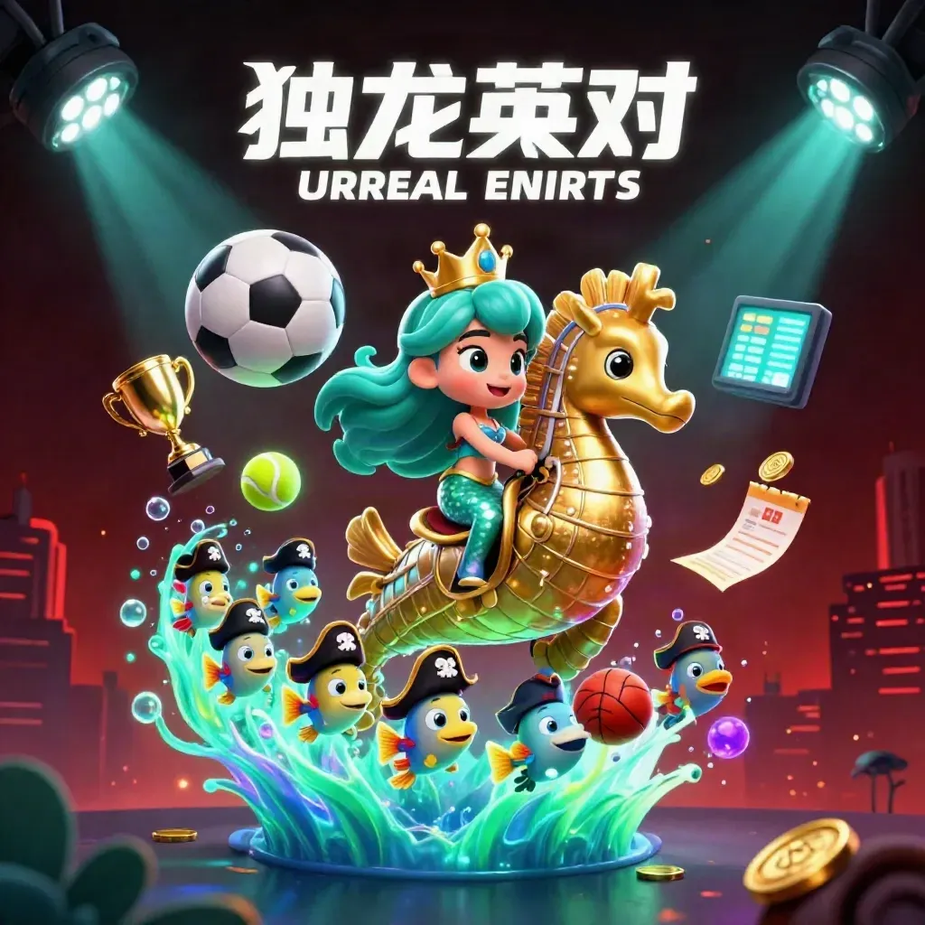 Mermaid princess on a gold-armored seahorse with pirate fish, balls, coins, trophy and neon casino glow.