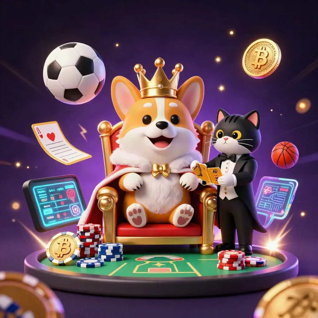 Royal corgi and cat butler amid a flying soccer ball, neon coins, chips, and lightning.