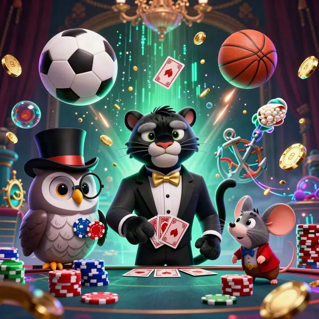 Panther, owl, and mouse amid coins, cards, balls, and glowing treasure cove energy.