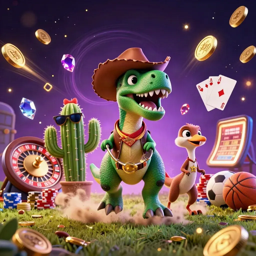 3D cowboy T-Rex, cactus, and roadrunner amid casino coins, cards, chips, and neon light