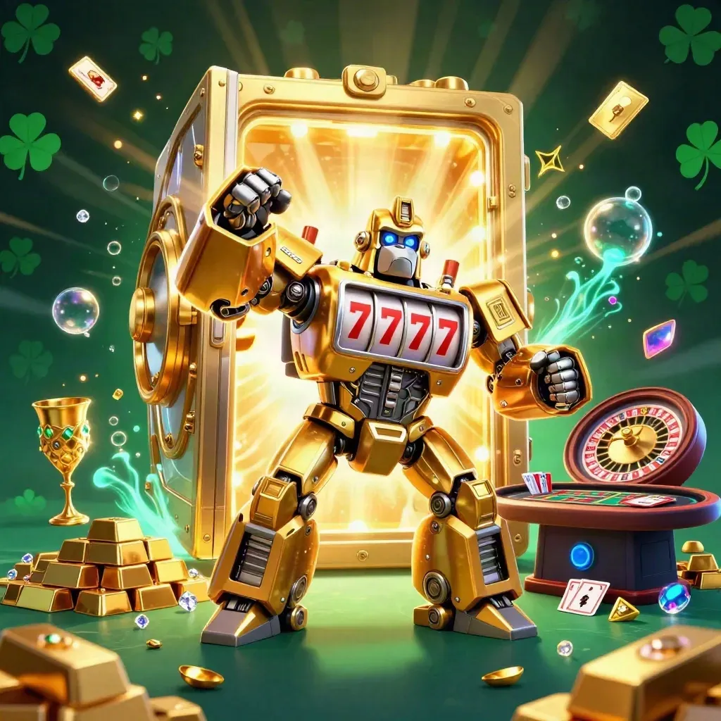 Golden gorilla slot mech with monkey pilot, treasure vault glow, casino lux scene, neon casino energy.