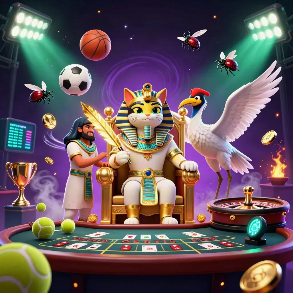 Pharaoh cat, ibis scribe, and scarab beetles amid sports balls, gold, and casino lights