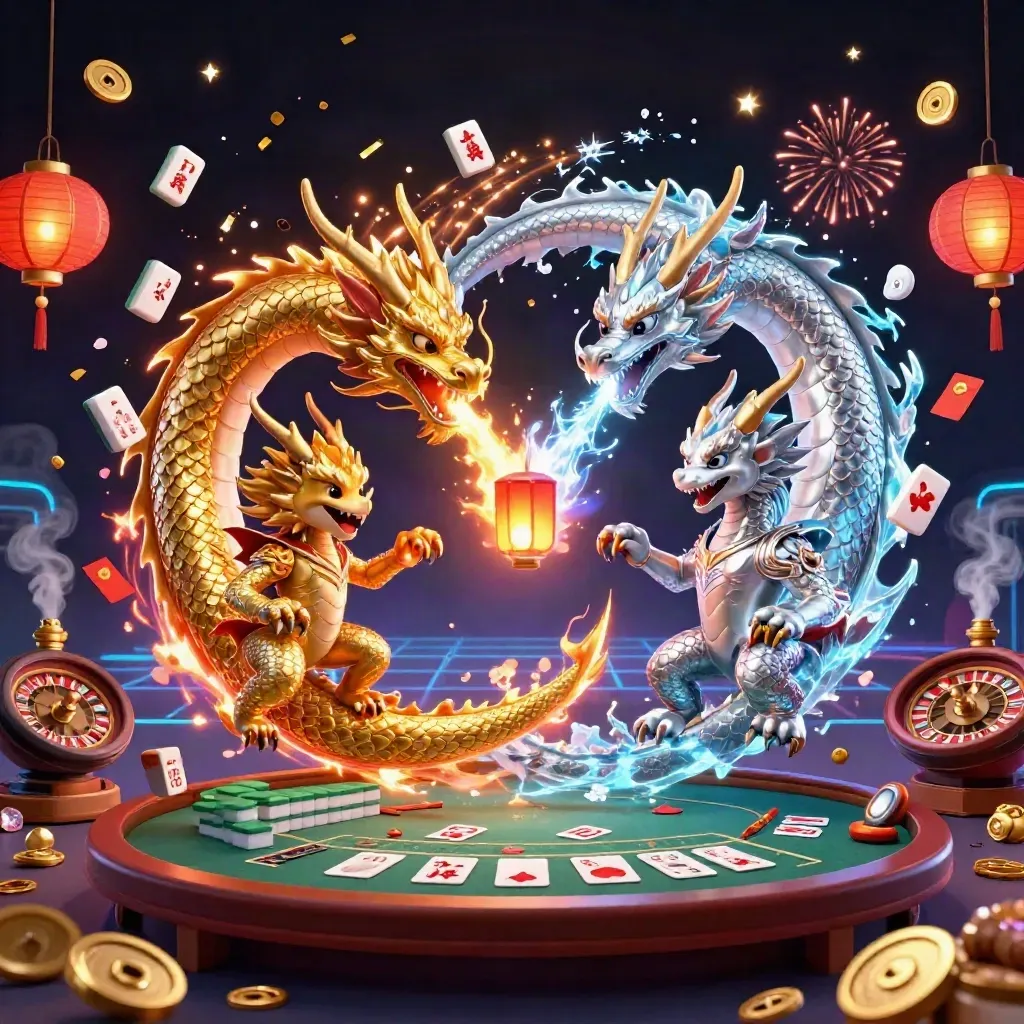 Twin gold and silver dragons spiral in neon casino light with lanterns, tiles, and jade coins.
