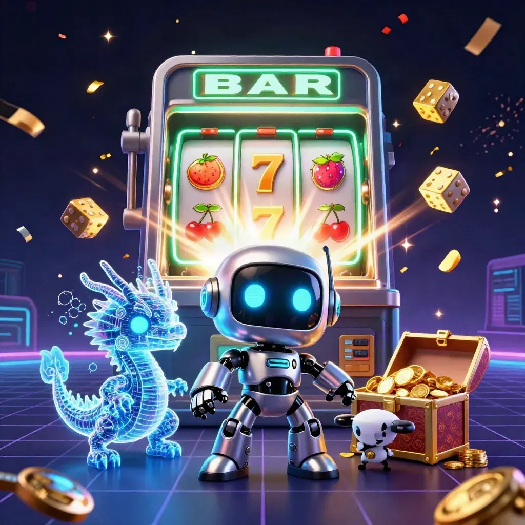 Cyberpunk robot, holographic dragon and coin drone amid exploding slot symbols and gold.
