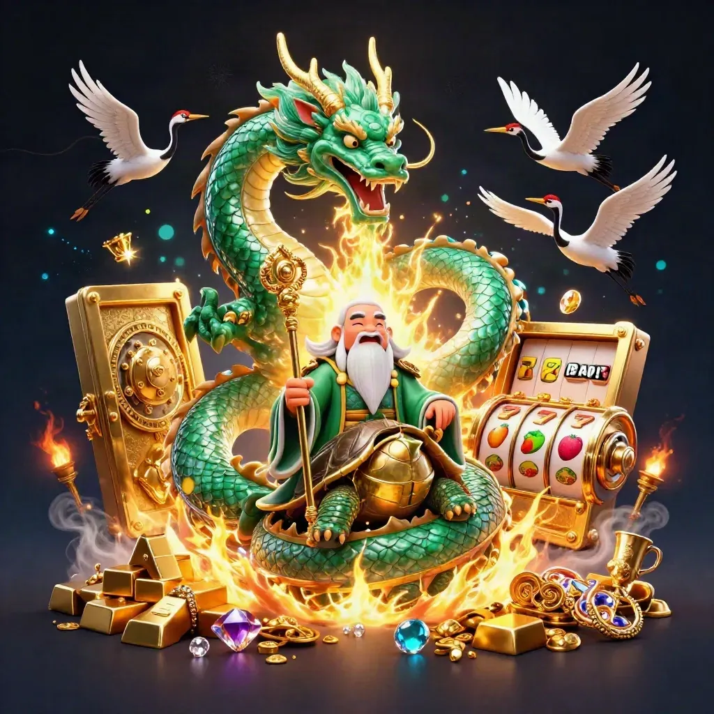 Jade dragon, turtle sage and cranes burst from a golden vault in neon green light