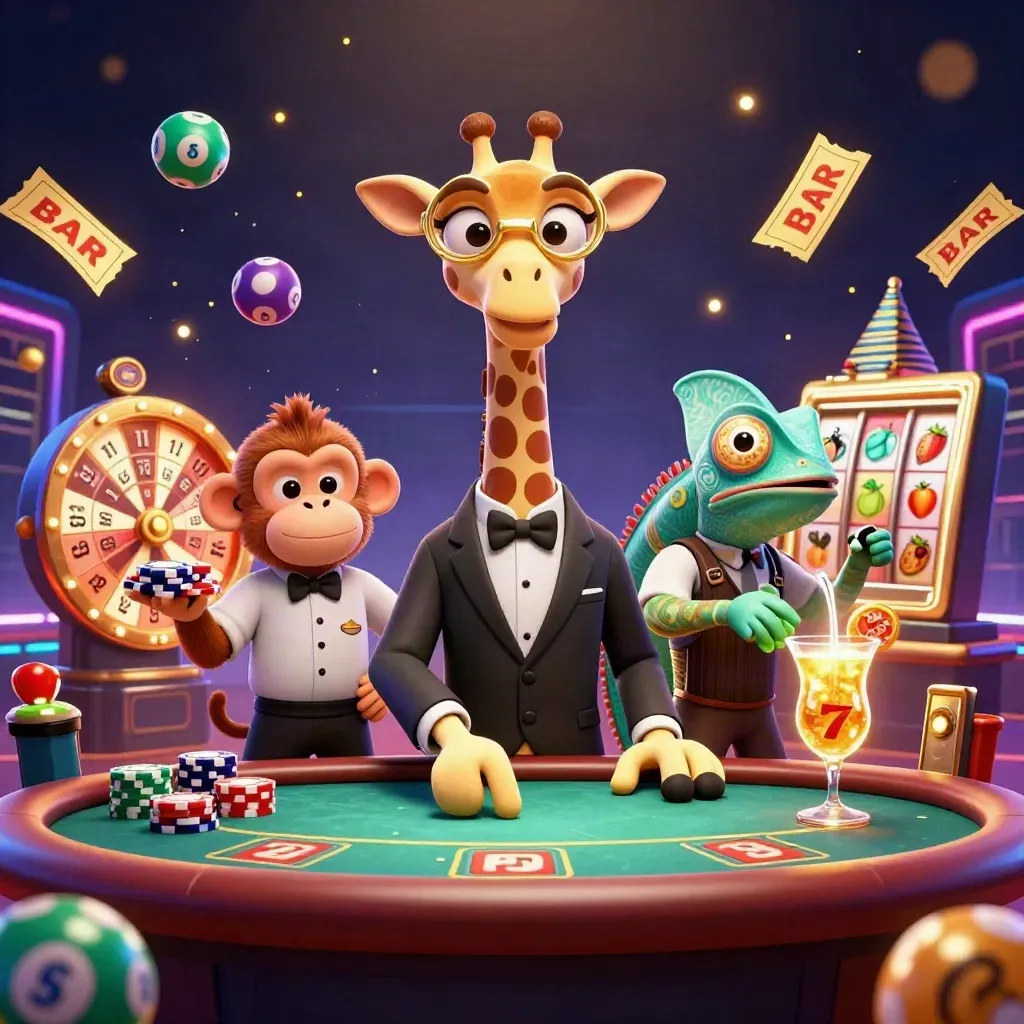 Giraffe, monkey, and chameleon in a neon casino burst with balls, cards, and a prize wheel.