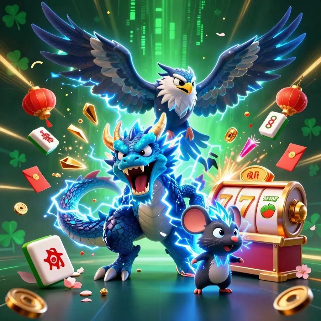 Thunder dragon, wind hawk, and crackling mouse amid casino relics, neon lightning, and jade coins.